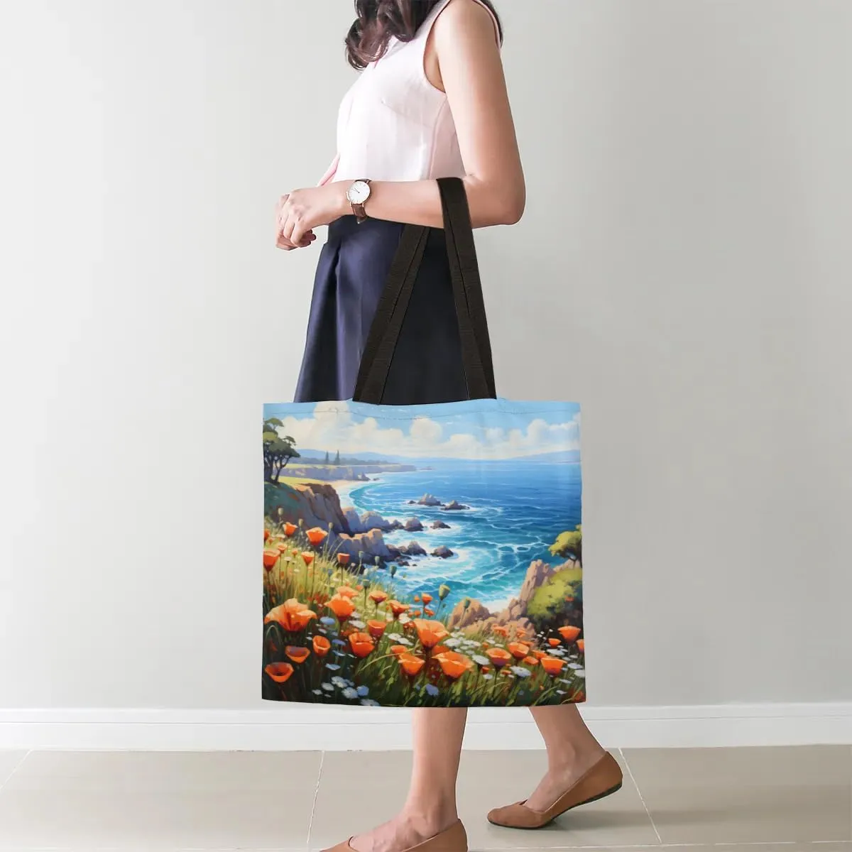 Sea Beach Trees Scenery Canvas Tote Bag for Women Men Stylish Tote Handbag Shoulder Bag Reusable Grocery Bag