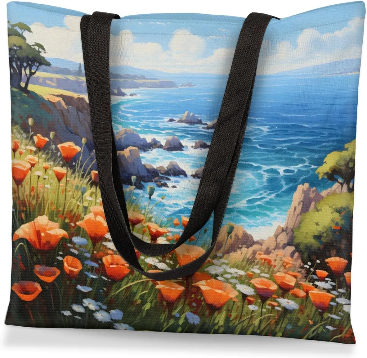 Sea Beach Trees Scenery Canvas Tote Bag for Women Men Stylish Tote Handbag Shoulder Bag Reusable Grocery Bag