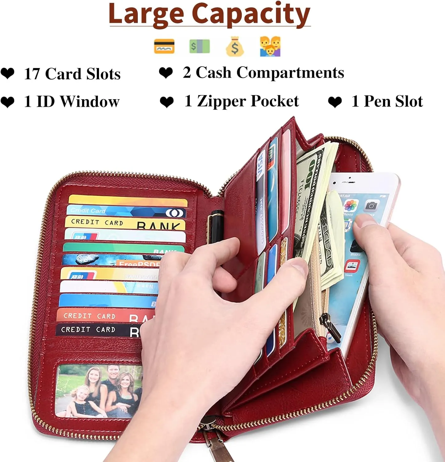 SENDEFN Leather Women's Wallets RFID Blocking Zip Around Large Capacity Long Credit Card Holder Wallet