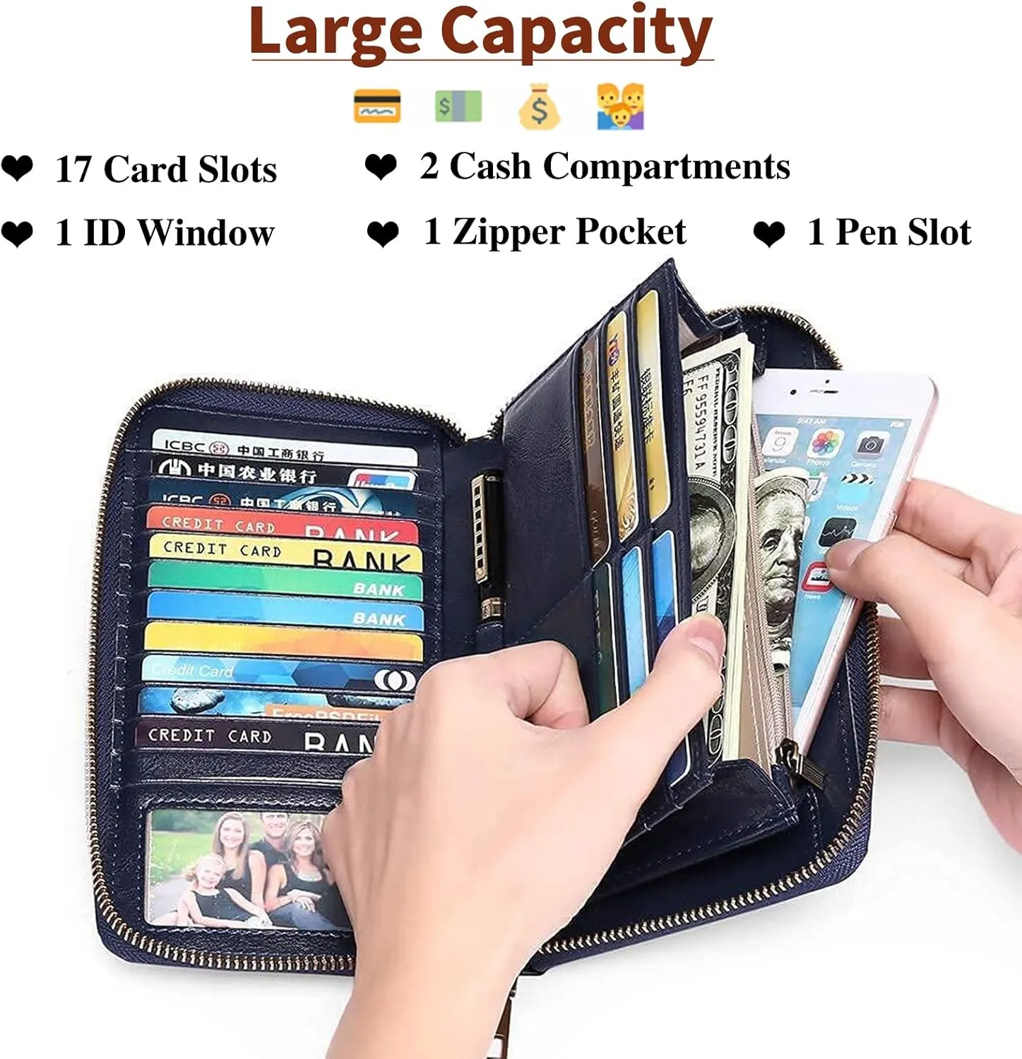 SENDEFN Leather Women's Wallets RFID Blocking Zip Around Large Capacity Long Credit Card Holder Wallet