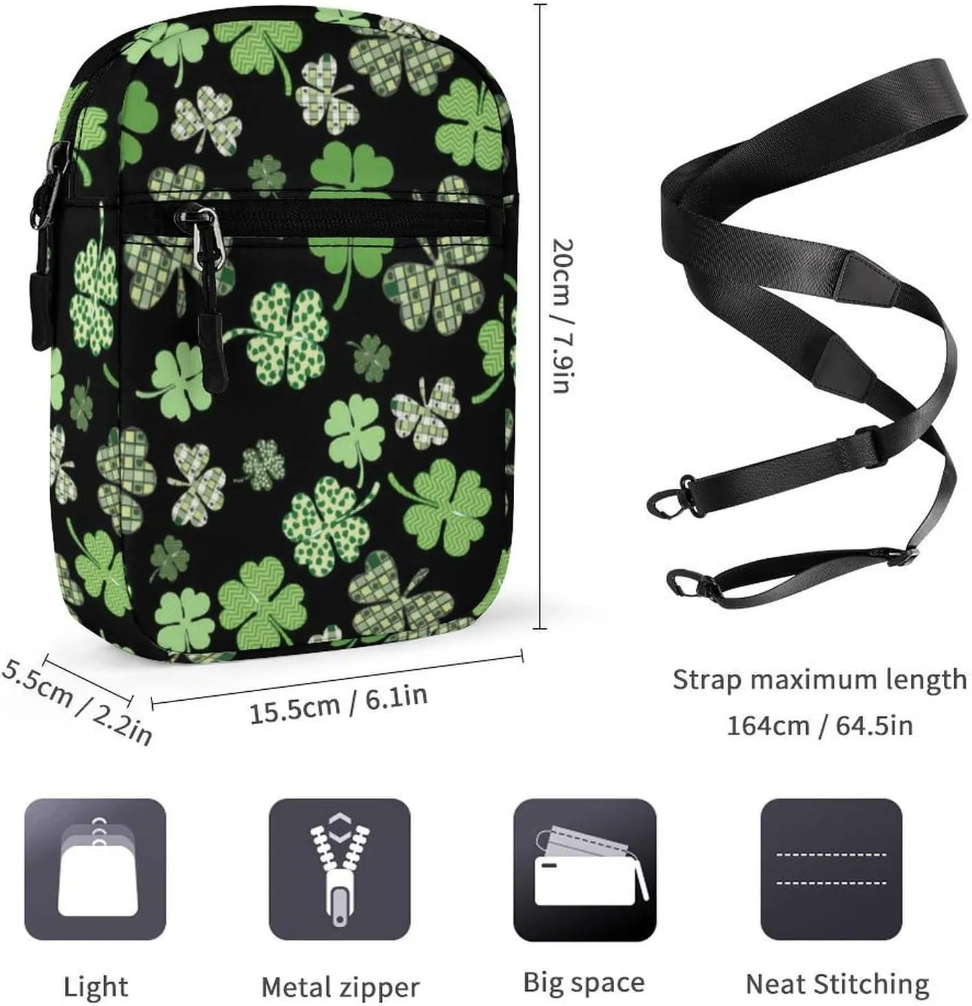 Shamrock Clover Green St. Crossbody Bag Small Shoulder Bag Waterproof, Lightweight And Convenient