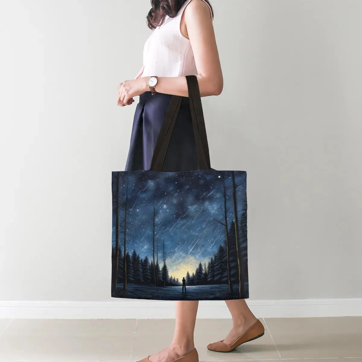 Shooting Stars At Night Canvas Tote Bag for Women Men Stylish Tote Handbag Shoulder Bag Reusable Grocery Bag