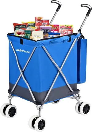 Shopping Carts for Groceries Foldable Rolling Trolley with 360° Double Front Swivel Wheels Waterproof Removable Canvas Liner with Cover for Laundry Grocery, Baggage, Picnic (Blue)