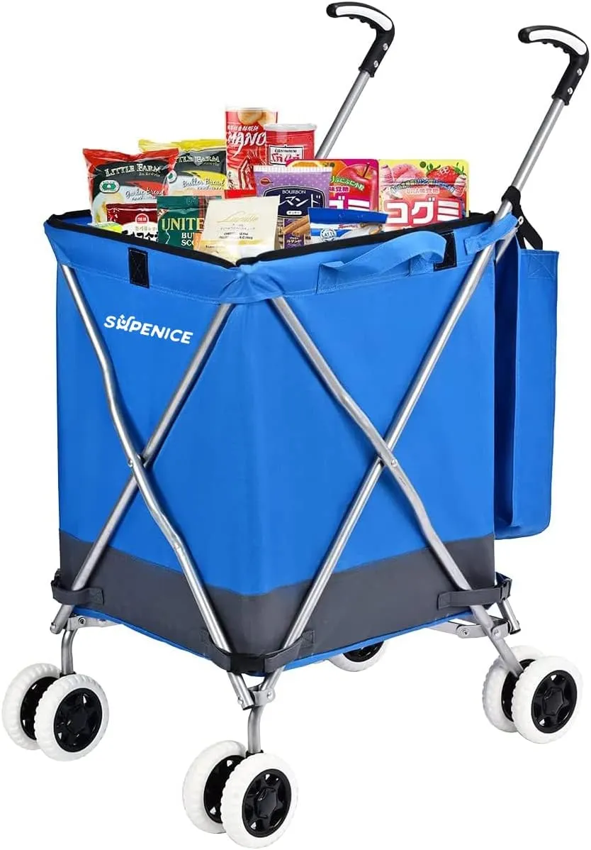 Shopping Carts for Groceries Foldable Rolling Trolley with 360° Double Front Swivel Wheels Waterproof Removable Canvas Liner with Cover for Laundry Grocery, Baggage, Picnic (Blue)