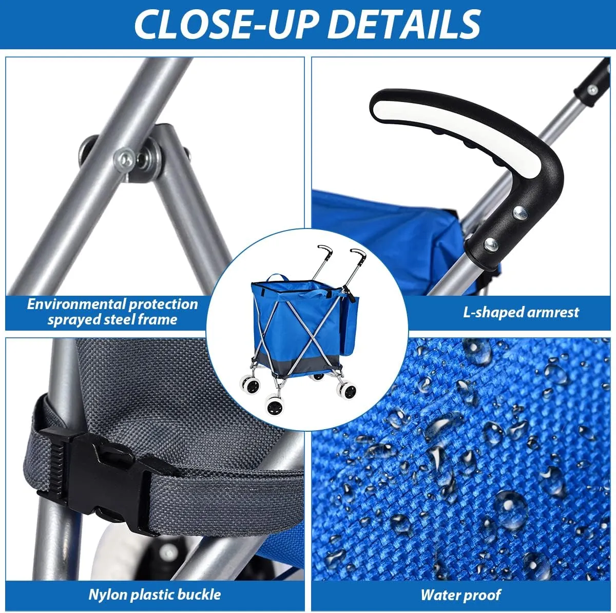 Shopping Carts for Groceries Foldable Rolling Trolley with 360° Double Front Swivel Wheels Waterproof Removable Canvas Liner with Cover for Laundry Grocery, Baggage, Picnic (Blue)