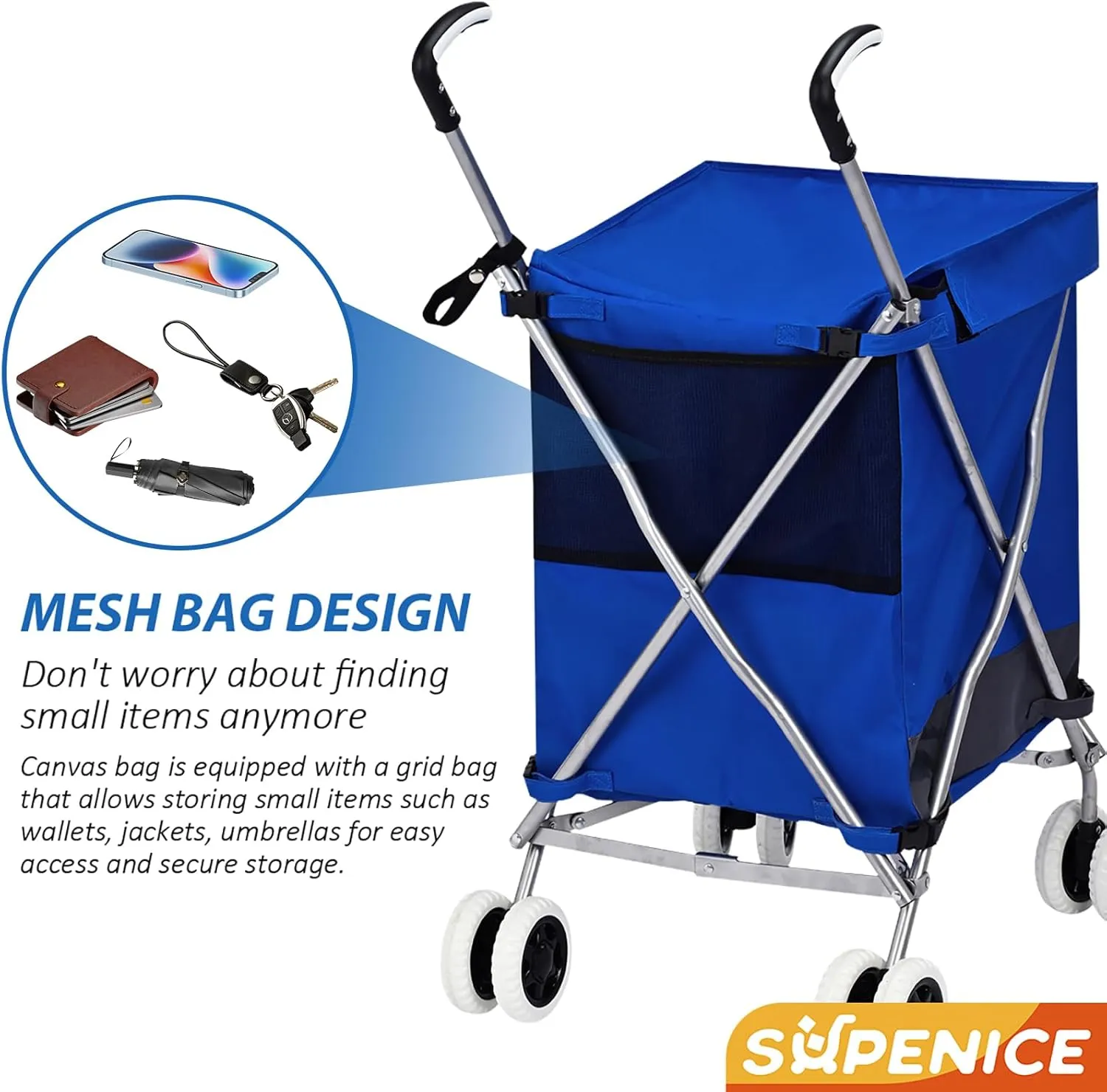 Shopping Carts for Groceries Foldable Rolling Trolley with 360° Double Front Swivel Wheels Waterproof Removable Canvas Liner with Cover for Laundry Grocery, Baggage, Picnic (Blue)