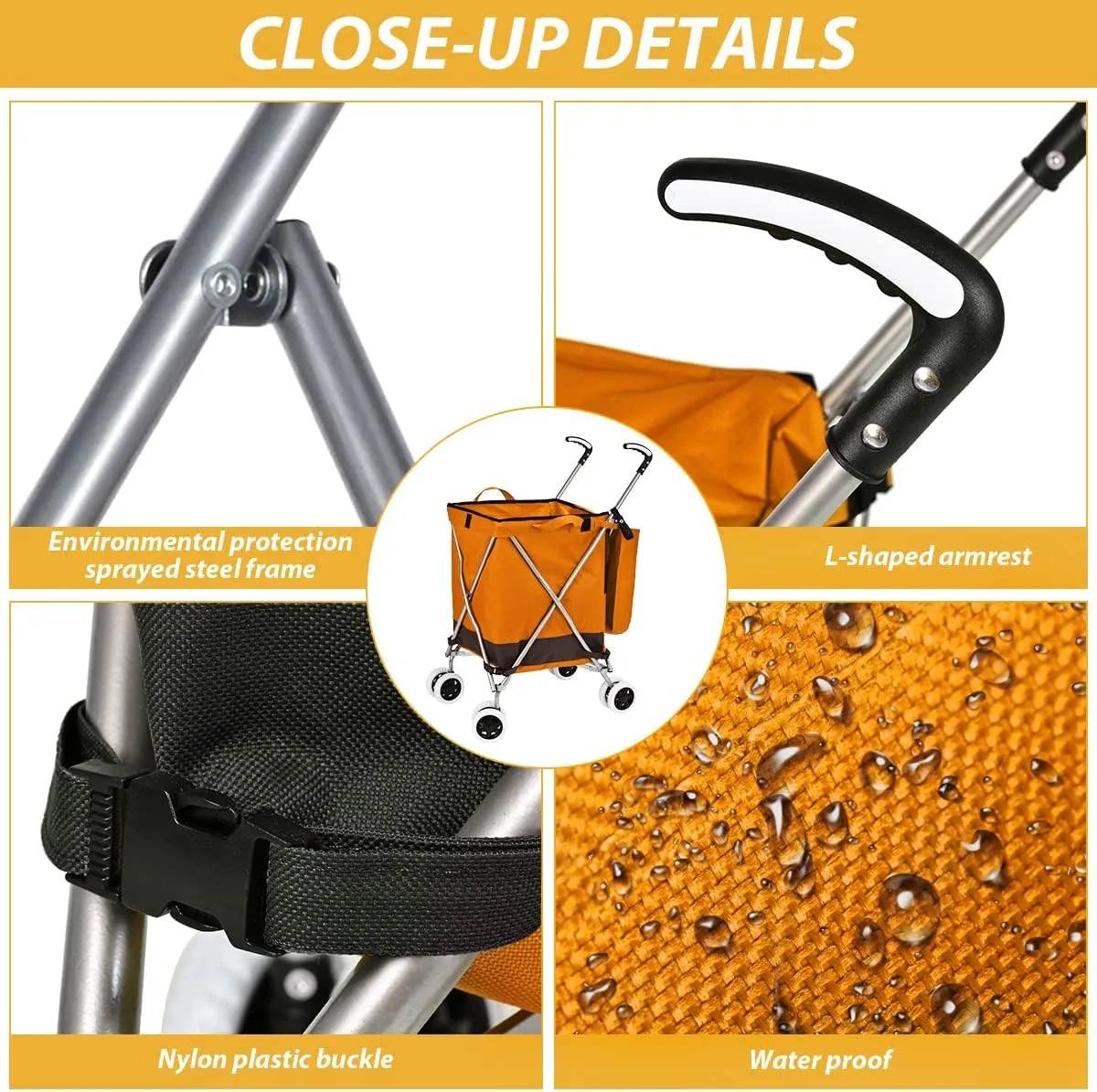 Shopping Carts for Groceries Foldable Rolling Trolley with 360° Double Front Swivel Wheels Waterproof Removable Canvas Liner with Cover for Laundry Grocery, Baggage, Picnic (Orange)