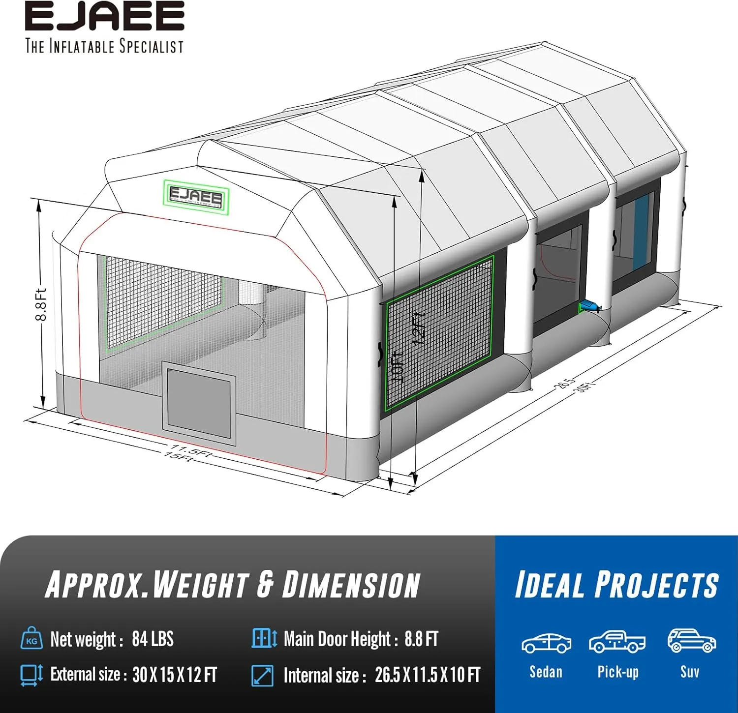 Silver Series 30x15x12Ft Portable Inflatable Spray Paint Booth with Blowers for Full-Size Trucks, Large Auto Parts, Small Boats, Dust-Free Workspace for Custom Paint Jobs