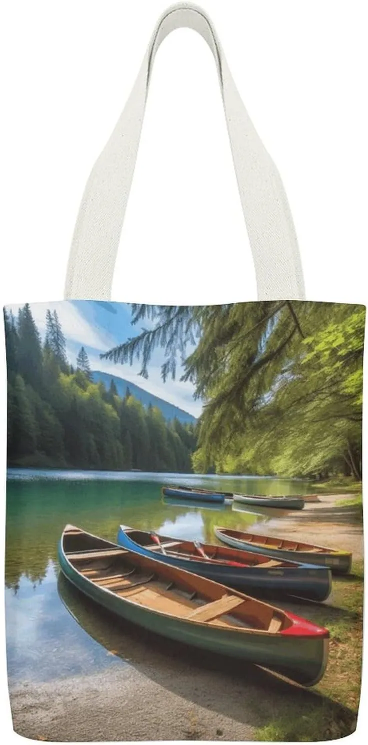 Single-sided Printed Canvas Handbag,Lake with Boats Canoes Park Print Simple Handbag,single Shoulder Tote Bag,canvas Bag