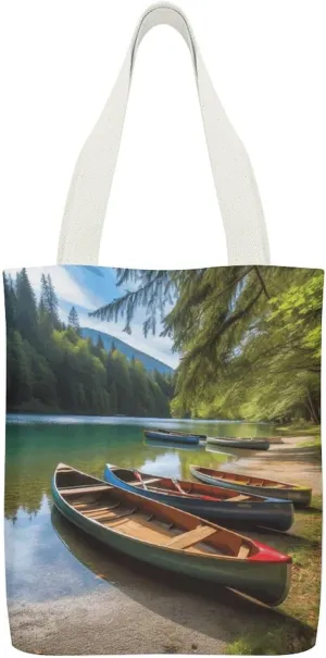 Single-sided Printed Canvas Handbag,Lake with Boats Canoes Park Print Simple Handbag,single Shoulder Tote Bag,canvas Bag