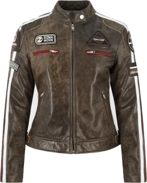 SIZMA Ladies Leather Jacket Dirty Brown Cracker Vintage Retro Biker Style Jacket LDS 5011 (US, Numeric, 8, Regular, Regular, Dirty Brown)