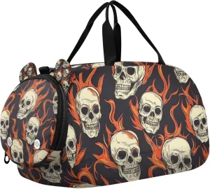 Skulls and Bones Flames Sports Duffle Bag for Kids Girls Boys, Gym Bag with Shoe Compartments, Kids Travel Overnight Weekender Shoulder Bag