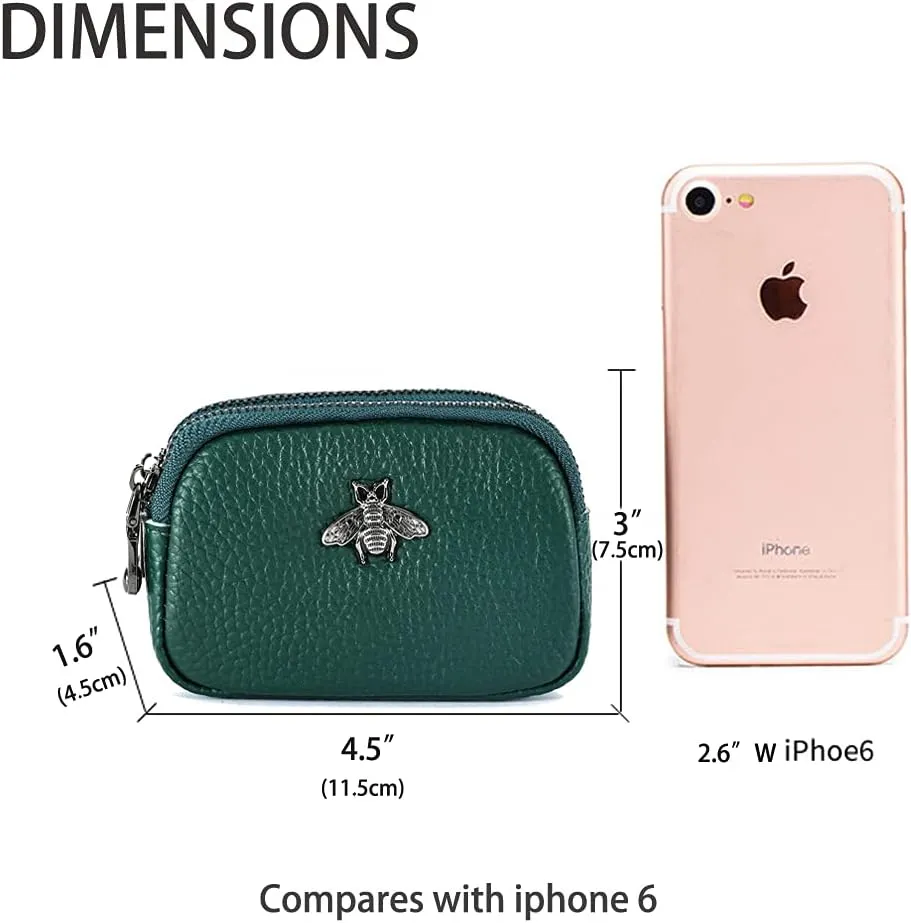 Small Coin Purse For Women Leather Change Pouch Tiny Card Holder Wallet Zipper (Blackish Green)