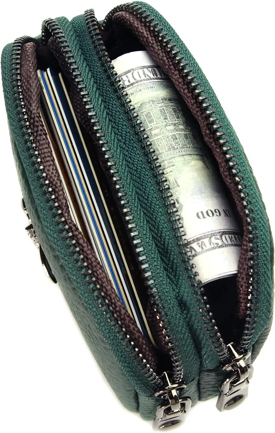 Small Coin Purse For Women Leather Change Pouch Tiny Card Holder Wallet Zipper (Blackish Green)