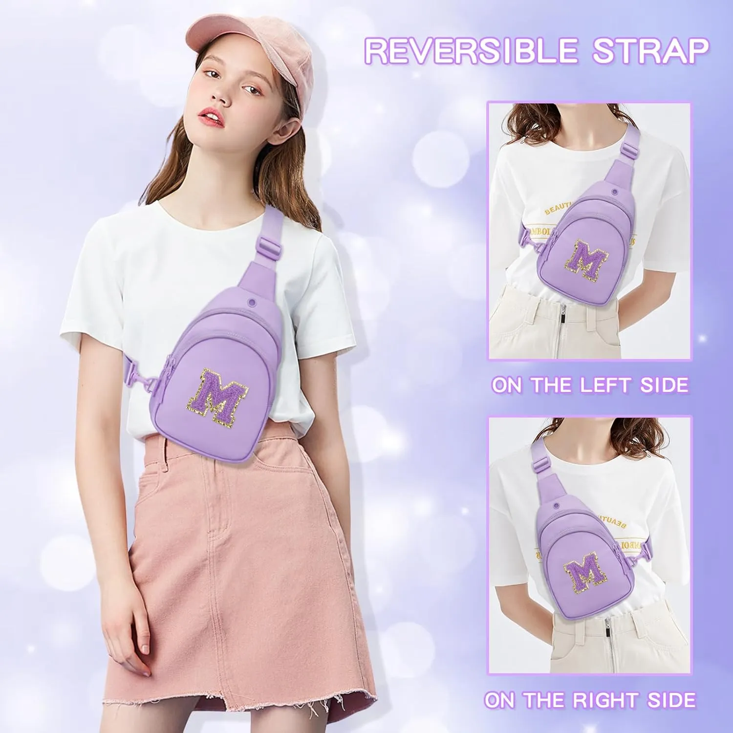 Small Initial Crossbody Sling Bag for Girls and Women, Cute Kids Fanny Pack, Personalized Gift for 7 8 9 10 11 12 13 Year Old Girls(Lavender,M)