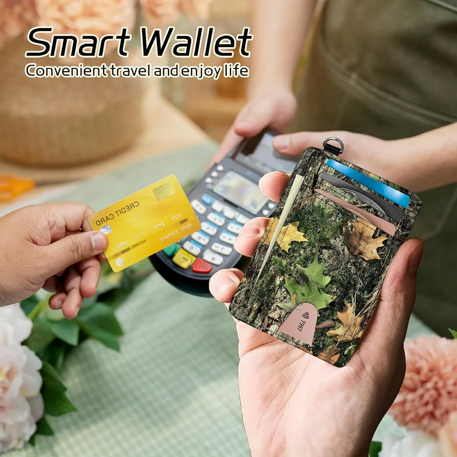Small Travel Wallets, Camo Tree Leaf Slim Minimalist Front Pocket Wallet with Wristlet, RFID Blocking PU Leather Credit Card Holder with ID Window Change Purse for Men Women