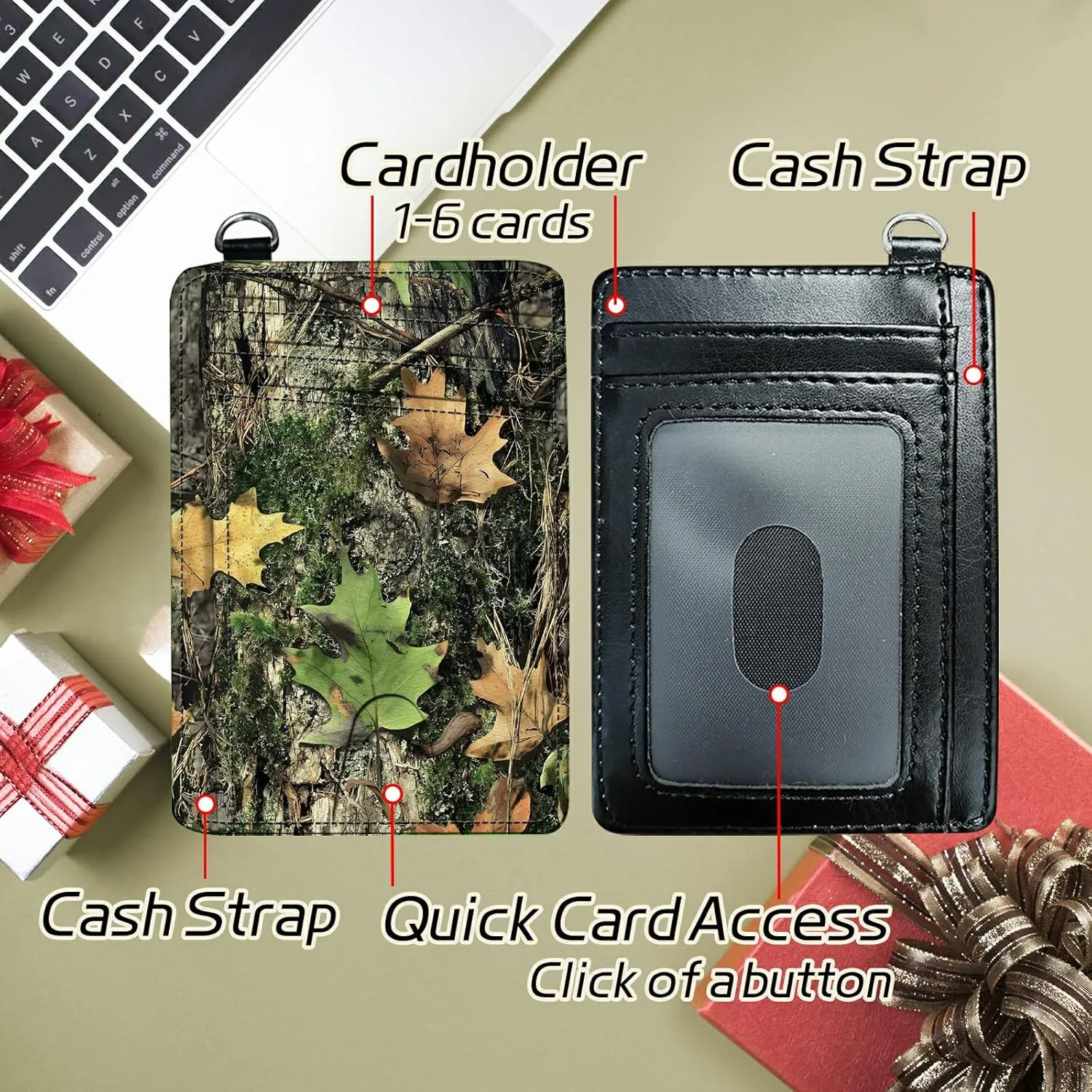 Small Travel Wallets, Camo Tree Leaf Slim Minimalist Front Pocket Wallet with Wristlet, RFID Blocking PU Leather Credit Card Holder with ID Window Change Purse for Men Women