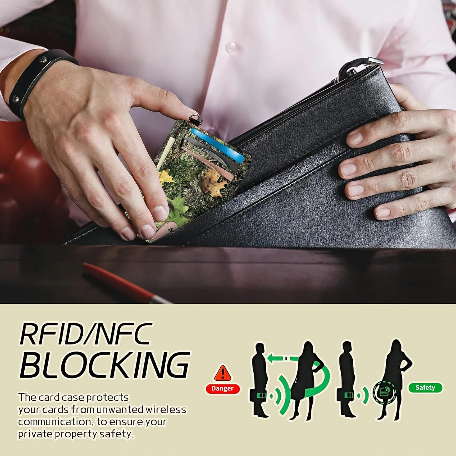 Small Travel Wallets, Camo Tree Leaf Slim Minimalist Front Pocket Wallet with Wristlet, RFID Blocking PU Leather Credit Card Holder with ID Window Change Purse for Men Women