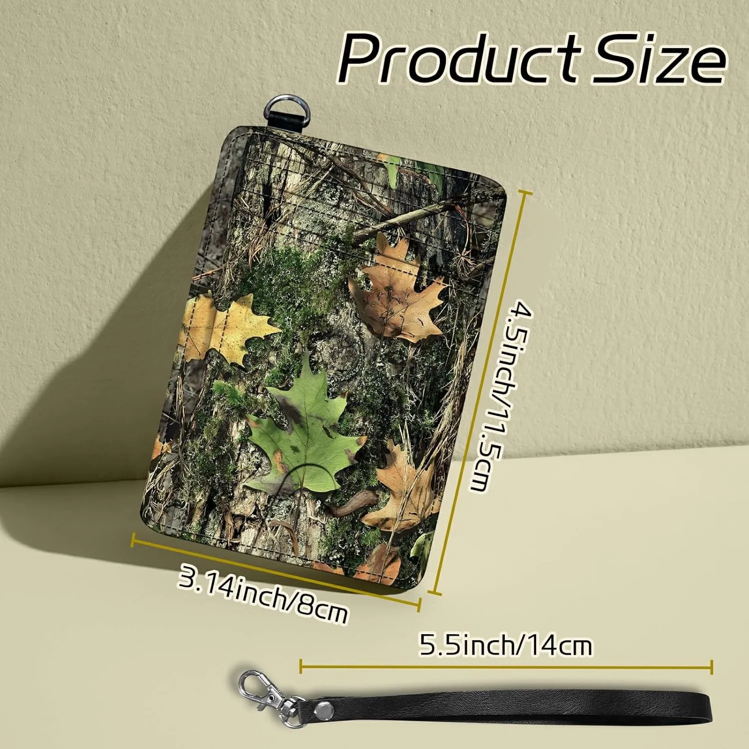 Small Travel Wallets, Camo Tree Leaf Slim Minimalist Front Pocket Wallet with Wristlet, RFID Blocking PU Leather Credit Card Holder with ID Window Change Purse for Men Women
