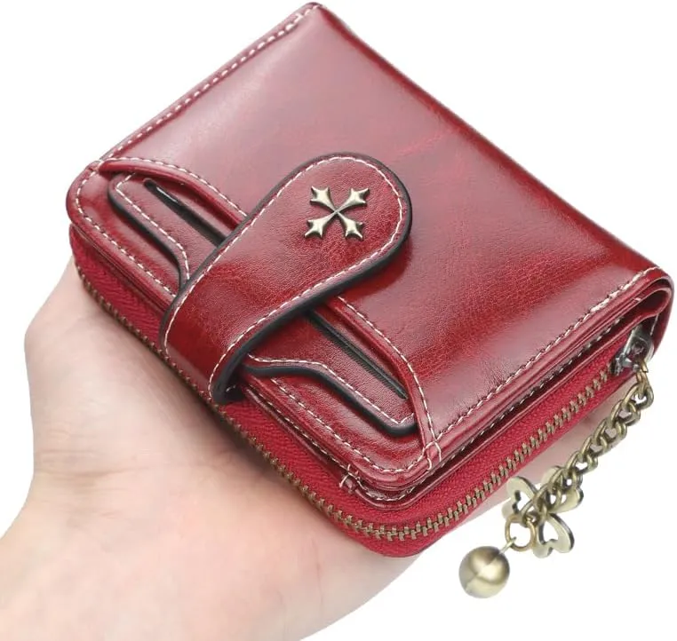 Small Wallet for Women Mini Leather Cash Wallets Zip Bifold Goth Purse Vintage Wallet Grunge Coin Pocket (Red)