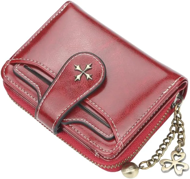 Small Wallet for Women Mini Leather Cash Wallets Zip Bifold Goth Purse Vintage Wallet Grunge Coin Pocket (Red)