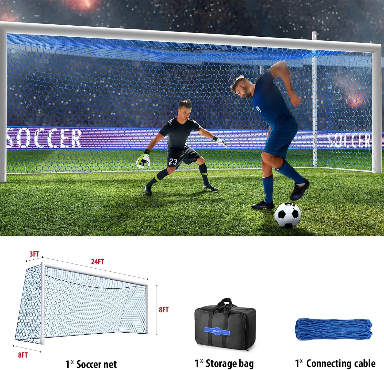 Soccer Goal Net Replacement 24x8FT & 18.5x6.5FT, Professional On-Court Quality [4mm Nylon, 4" Hexagonal], Upgraded Weather, Break and Abrasion Resistance (Net Only)