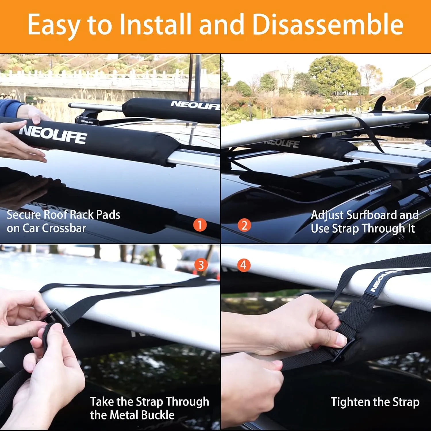 Soft Roof Rack Pads with Two 15 Ft Tie Down Straps for Surfboard, SUP Paddleboard, Snowboard, 28/34inch (Pair) Blue/Black