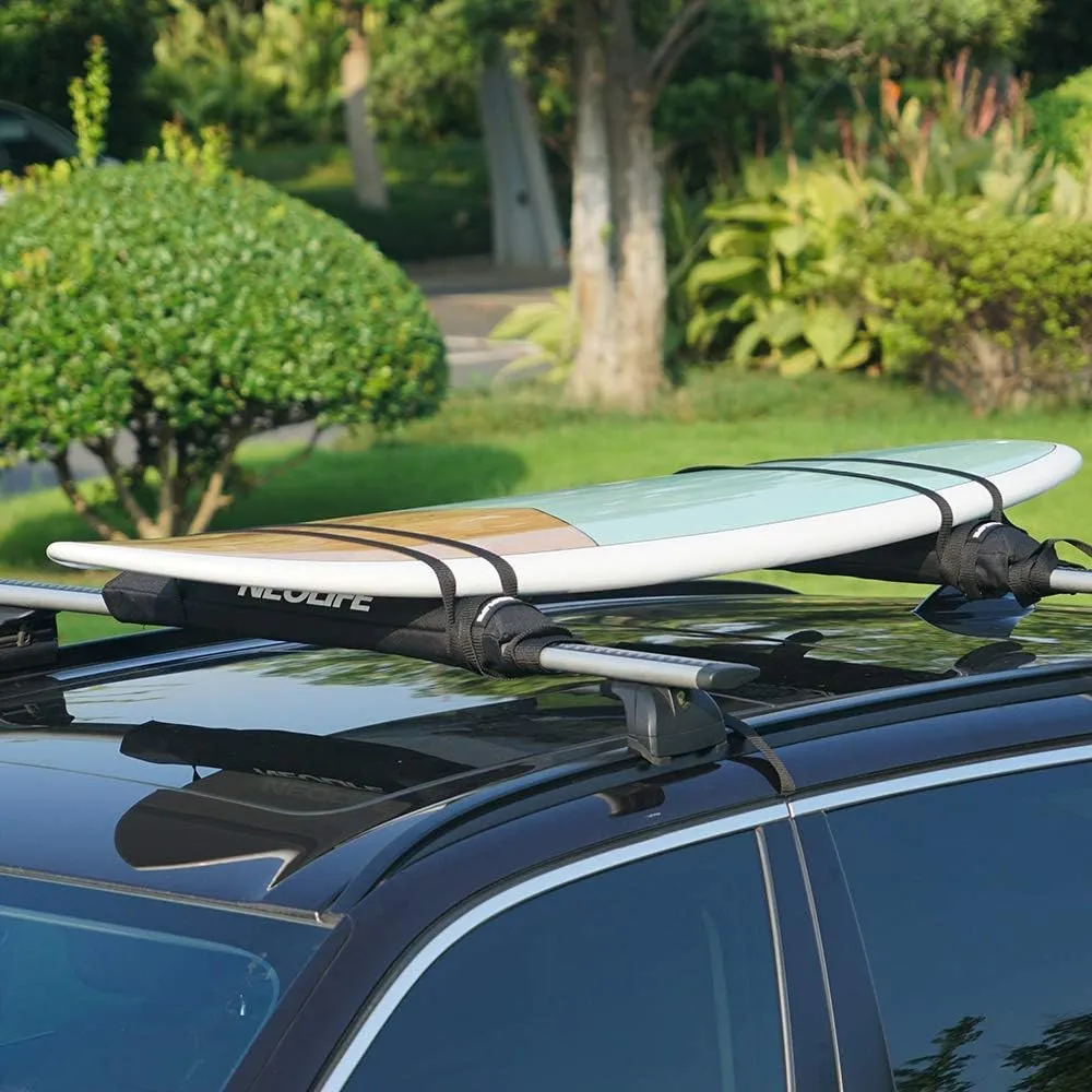 Soft Roof Rack Pads with Two 15 Ft Tie Down Straps for Surfboard, SUP Paddleboard, Snowboard, 28/34inch (Pair) Blue/Black