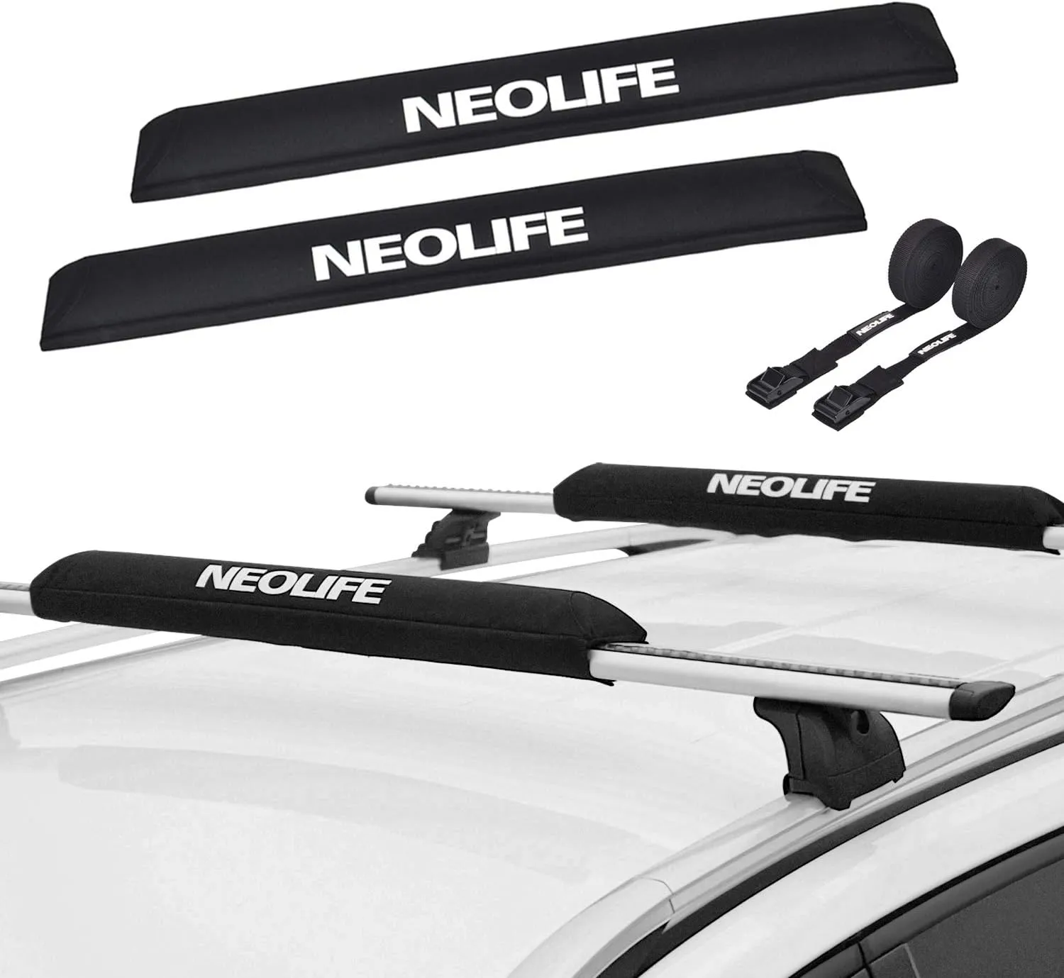 Soft Roof Rack Pads with Two 15 Ft Tie Down Straps for Surfboard, SUP Paddleboard, Snowboard, 28/34inch (Pair) Blue/Black