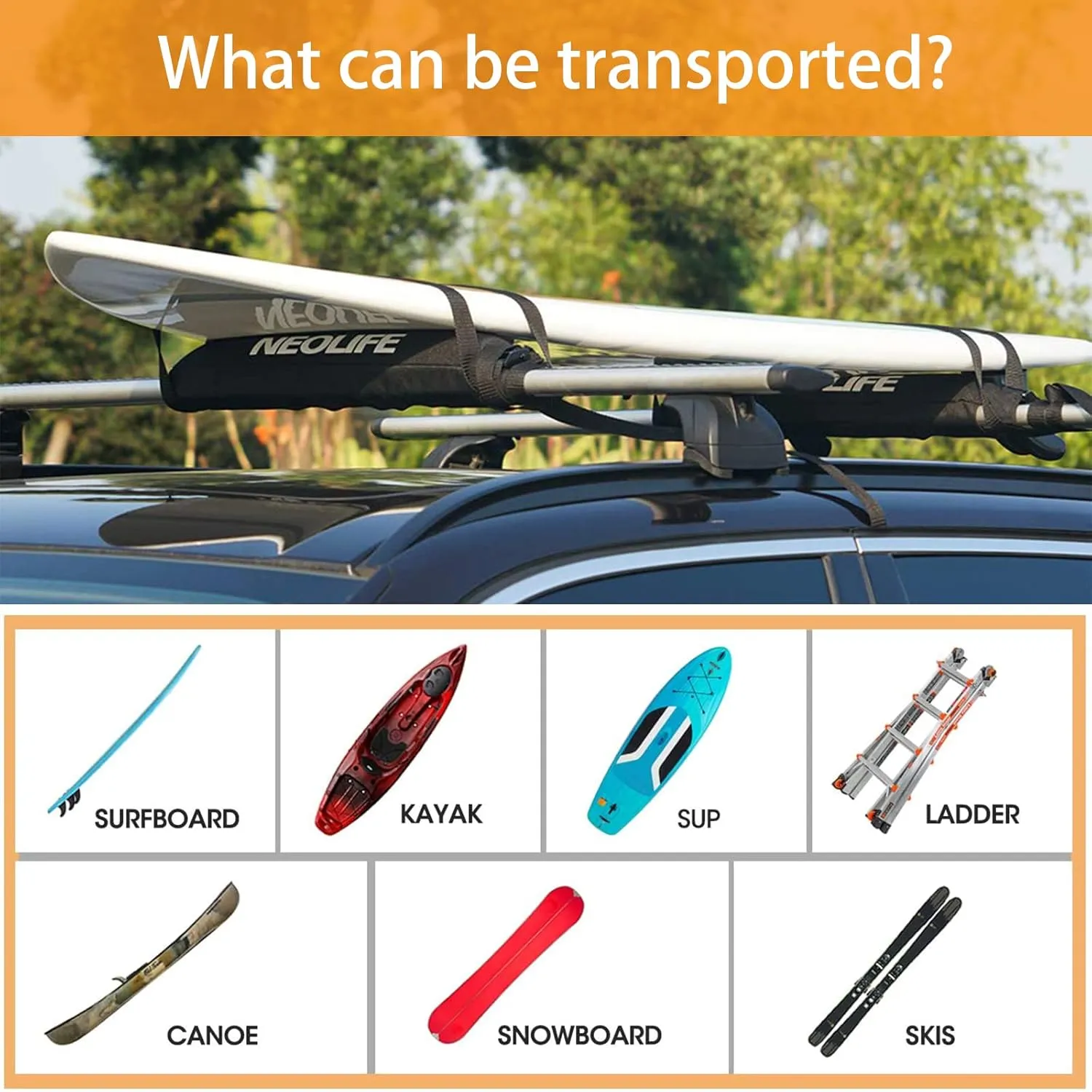 Soft Roof Rack Pads with Two 15 Ft Tie Down Straps for Surfboard, SUP Paddleboard, Snowboard, 28/34inch (Pair) Blue/Black