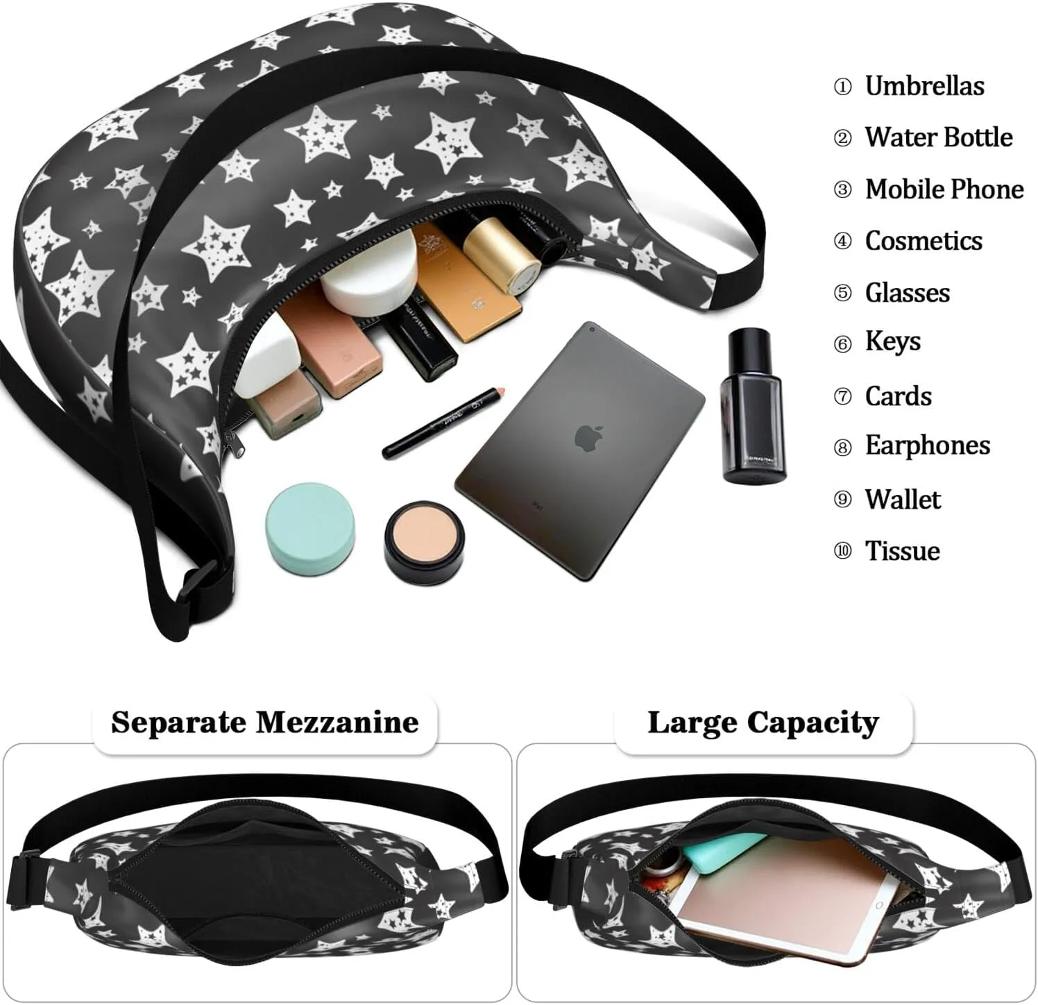 Space Sling Crossbody Bag for Women Crescent Bag with Adjustable Strap Waterproof Nylon Galaxy Shoulder Bag for Daily Work