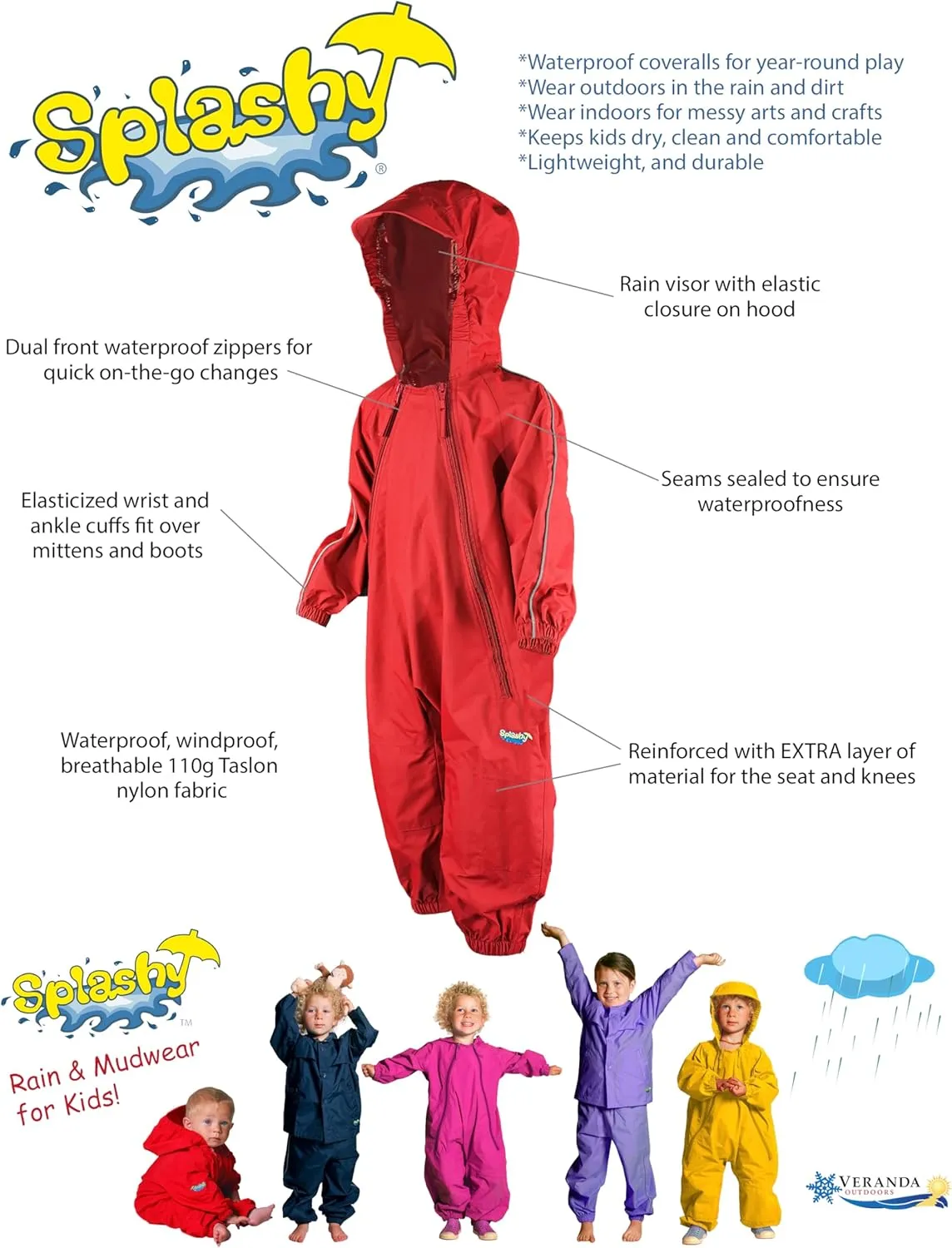 Splashy Waterproof One Piece Rainsuits and MudStopper Coveralls for Kids