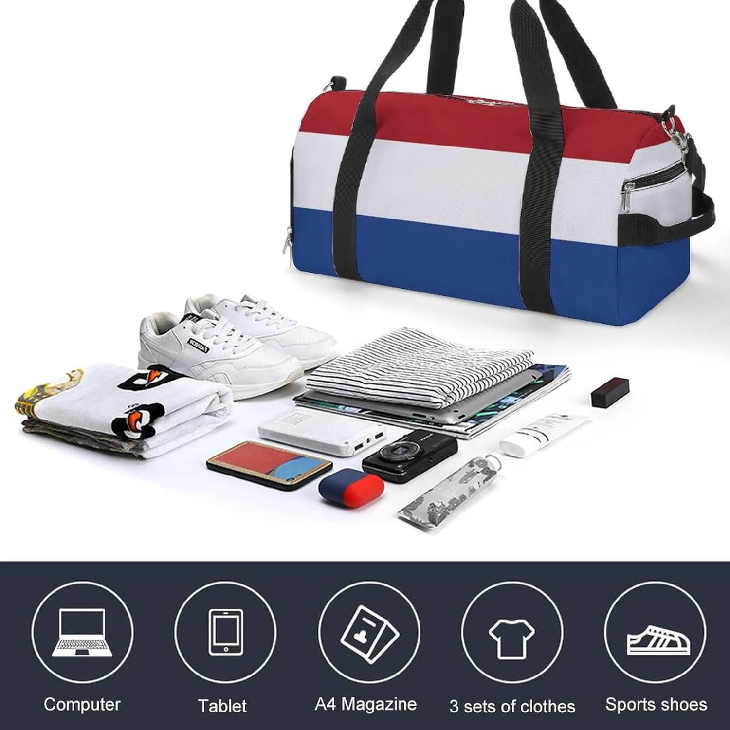 Sports Duffel Bag with Netherlands Flag for Men Women Shoe Compartment Weekender