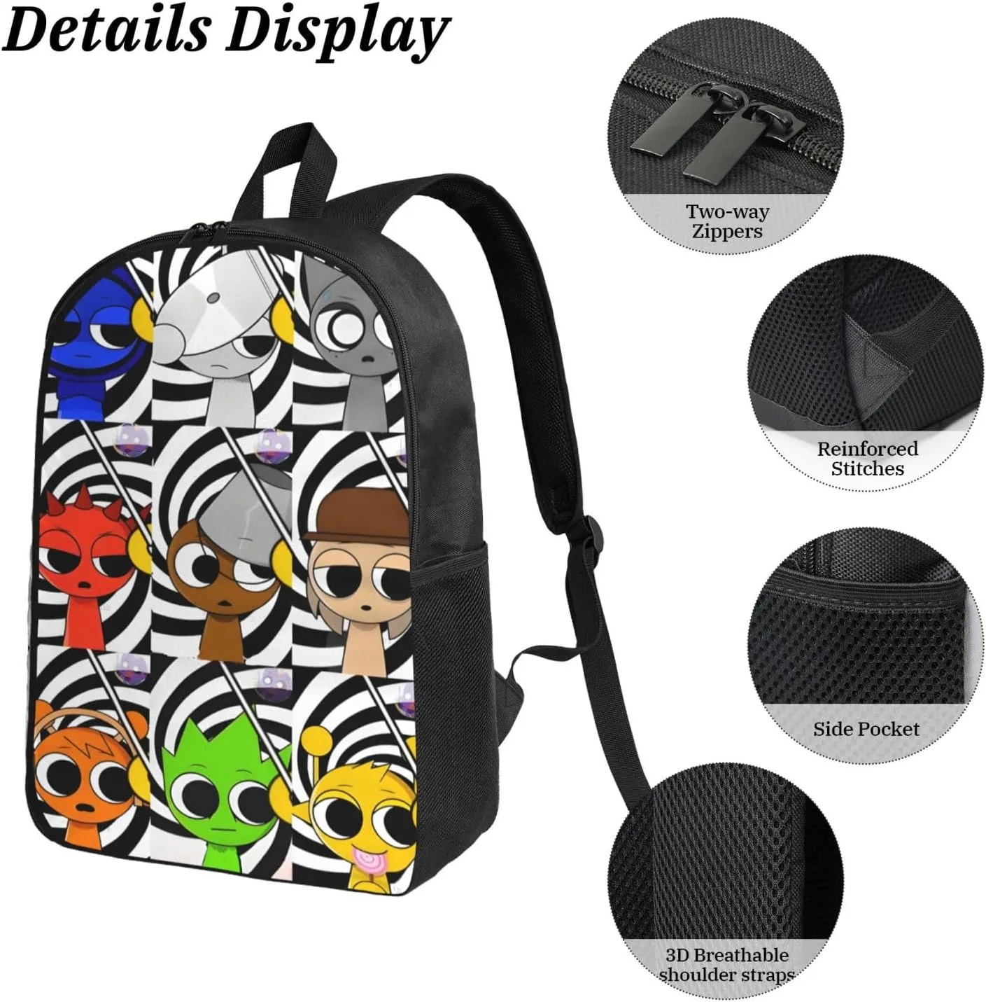 Sprunki Backpack Cartoon Print Fashion Lightweight Multi-Purpose Backpack, Unisex, 3set