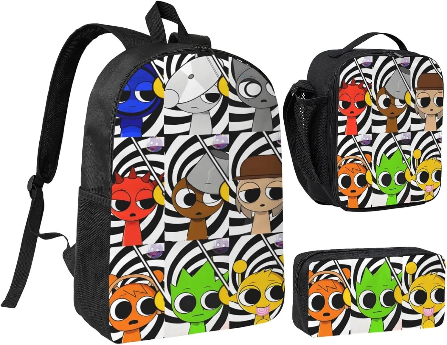 Sprunki Backpack Cartoon Print Fashion Lightweight Multi-Purpose Backpack, Unisex, 3set
