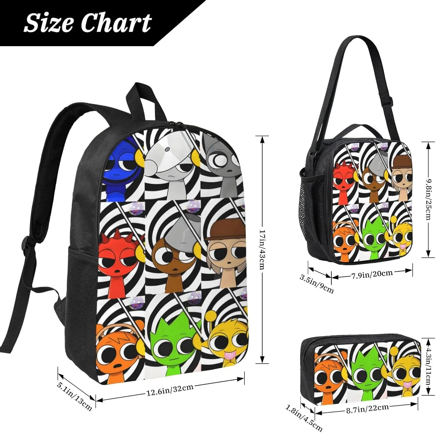 Sprunki Backpack Cartoon Print Fashion Lightweight Multi-Purpose Backpack, Unisex, 3set