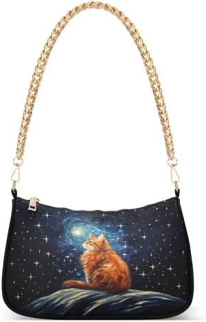 Starry Cat Space Galaxy Nebula Tote Bag Hobo Handbag for Women Ladies Shoulder Bag Mini Clutch Purse with Zipper Closure