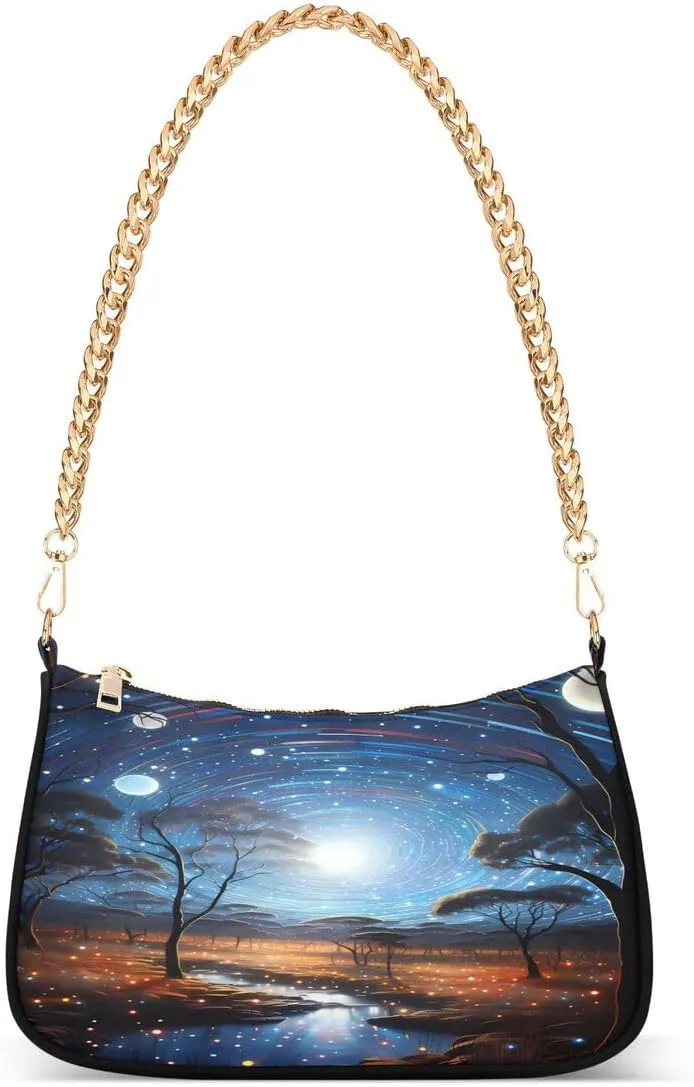 Starry Night Galaxy Nebula Landscape Tote Bag Hobo Handbag for Women Ladies Shoulder Bag Mini Clutch Purse with Zipper Closure