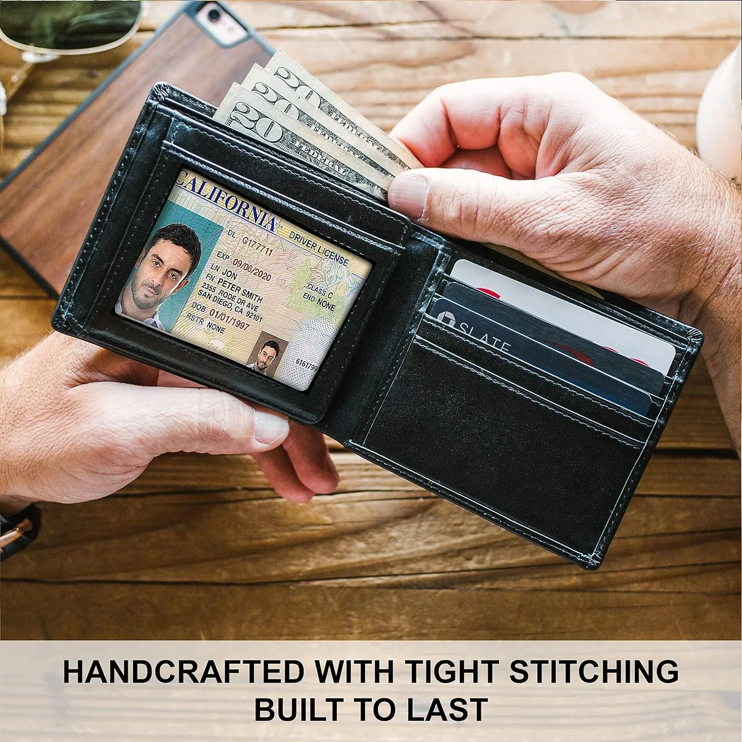 STAY FINE Top Grain Leather Wallet for Men | RFID Blocking | Extra Capacity Bifold Wallet with 2 ID Windows | Ultra Strong Stitching | Slim Billfold with 8 Card Slots | Gift for Him
