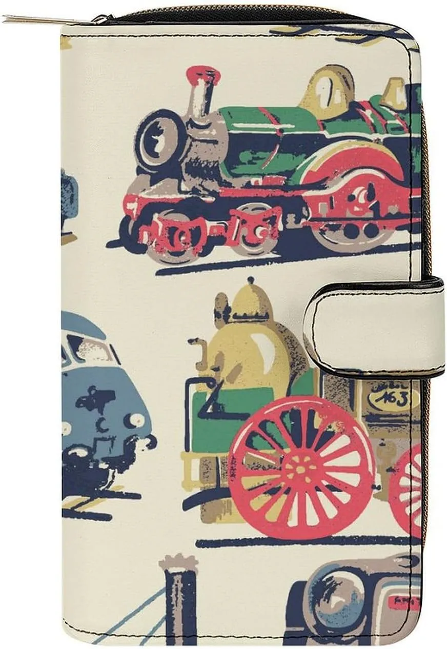 Steam Trains Cool Pattern Purses for Women Zipper Leather Clutch Purse Travel Handbag Card Case Wallet
