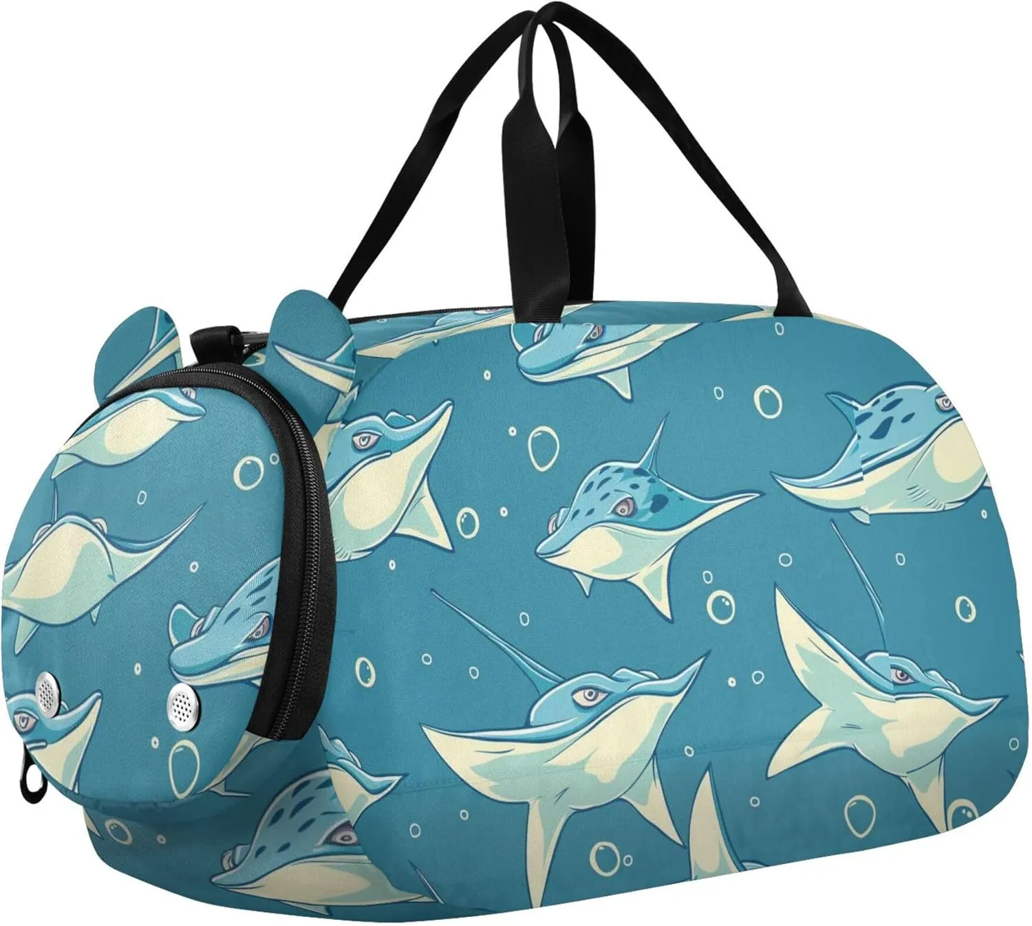 Stingray Fishes Blue Sports Duffle Bag for Teens Girls Boys, Gym Bag with Shoe Compartment, Kids Travel Overnight Weekender Shoulder Bag