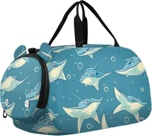 Stingray Fishes Blue Sports Duffle Bag for Teens Girls Boys, Gym Bag with Shoe Compartment, Kids Travel Overnight Weekender Shoulder Bag