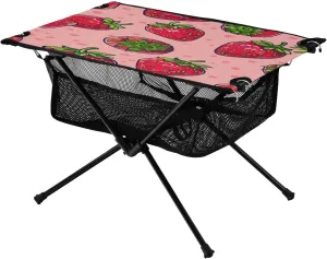 Strawberries Pink Portable Folding Camping Table, Compact Lightweight Beach Table with Carrying Bag for Outdoor Picnics, BBQs, Camp