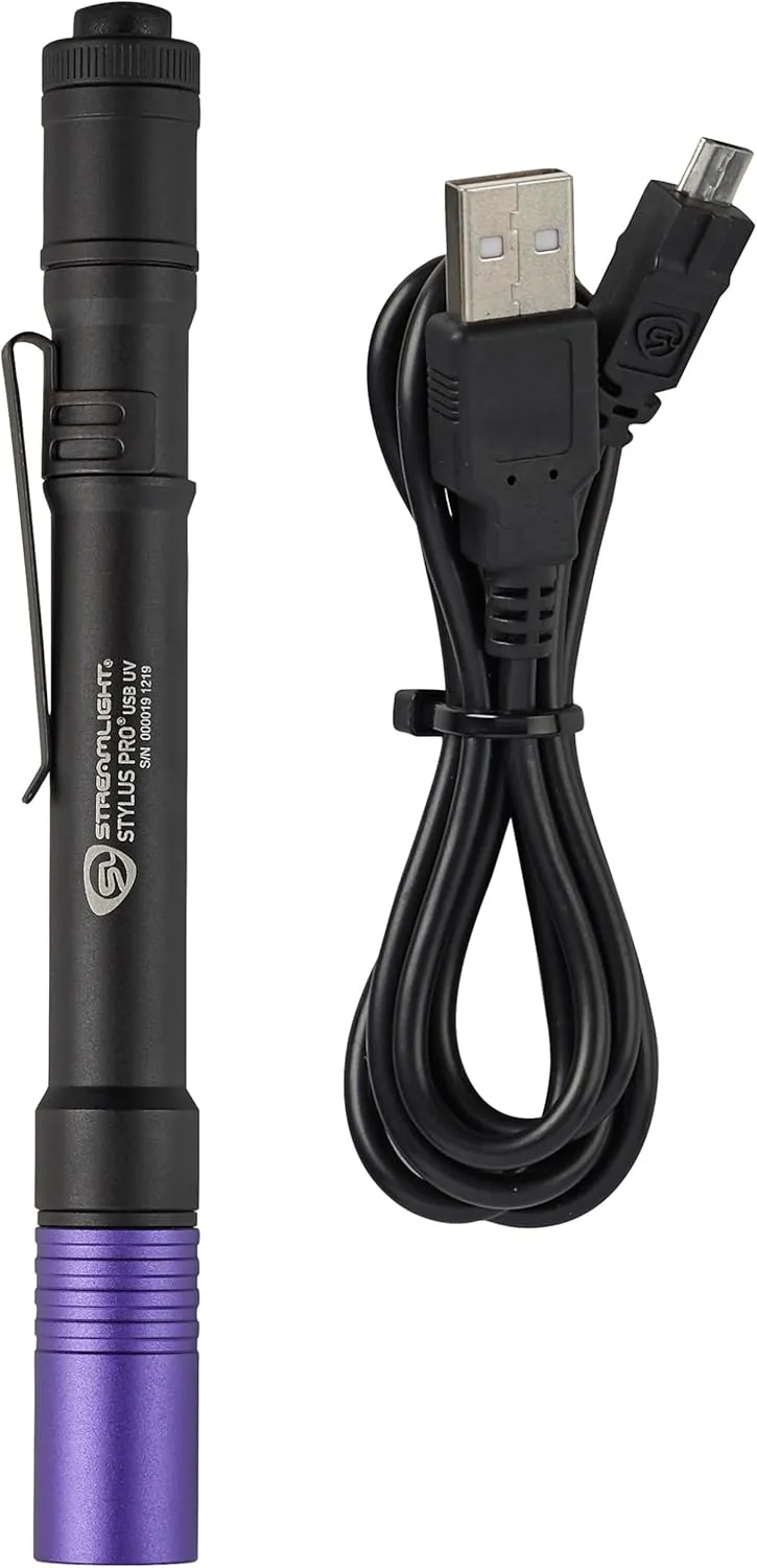 Streamlight 66149 Stylus Pro USB 400nm UV Rechargeable Penlight with USB Cord and Nylon Holster, Black