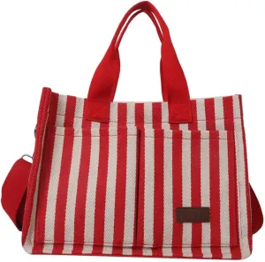Stripe Canvas Tote Bag for Women Multi-Pockets Satchel Handbag with Top Handle Canvas Hobo Beach Work Tote Bag