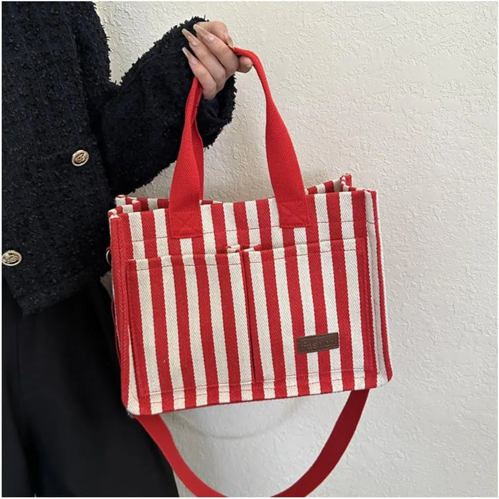 Stripe Canvas Tote Bag for Women Multi-Pockets Satchel Handbag with Top Handle Canvas Hobo Beach Work Tote Bag