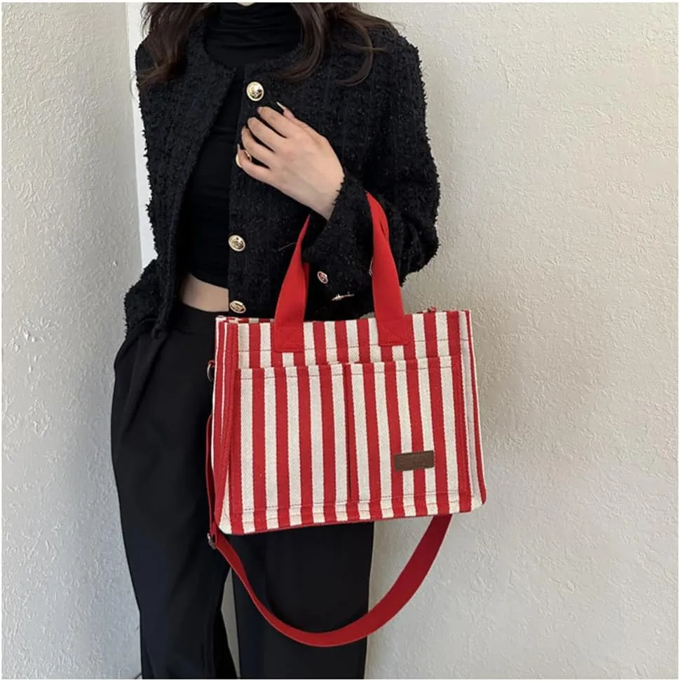 Stripe Canvas Tote Bag for Women Multi-Pockets Satchel Handbag with Top Handle Canvas Hobo Beach Work Tote Bag