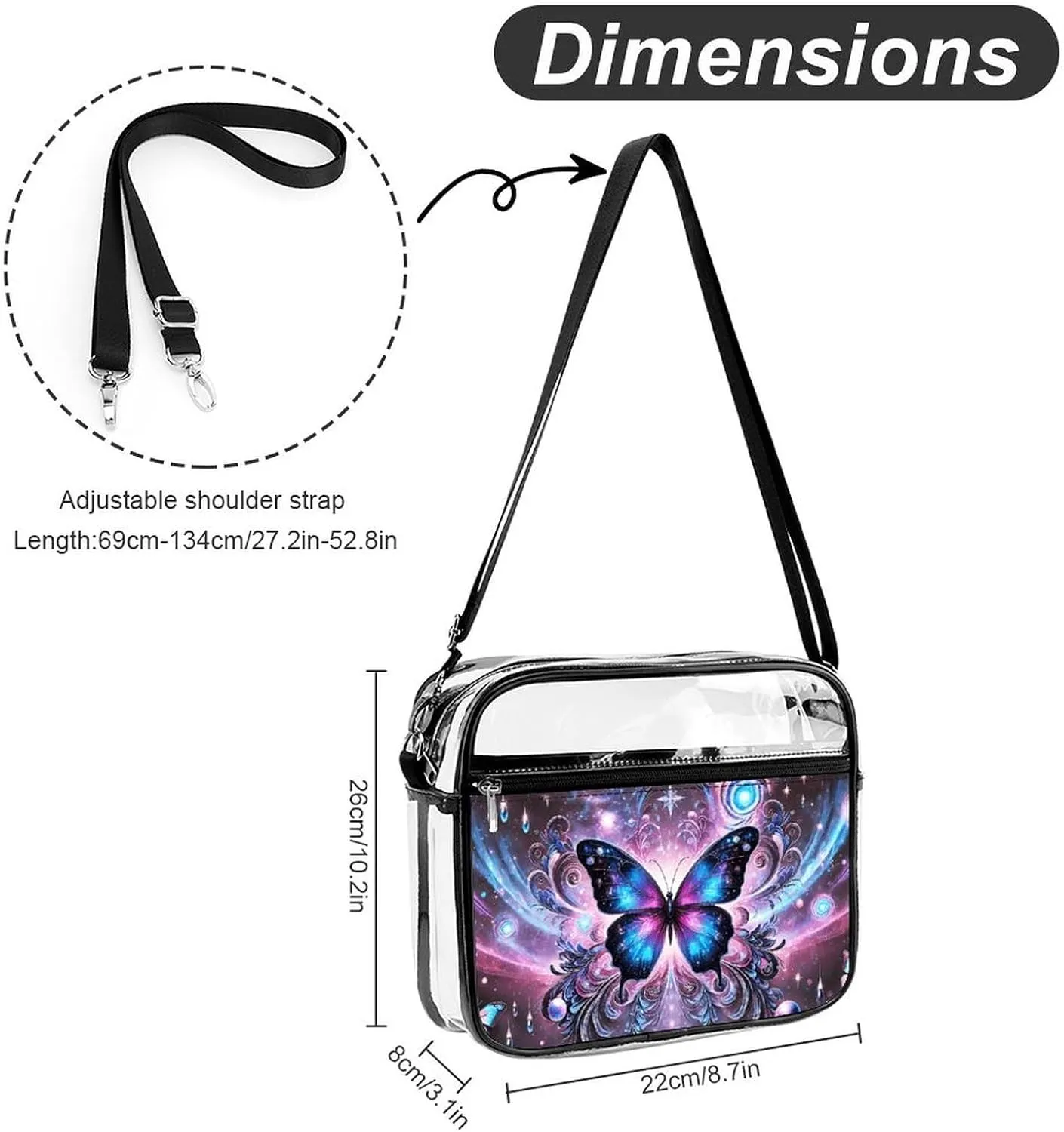 Stylish Butterfly Clear Crossbody Bag - PVC Butterflies Transparent Messenger Bag for Work, Travel and Daily Use