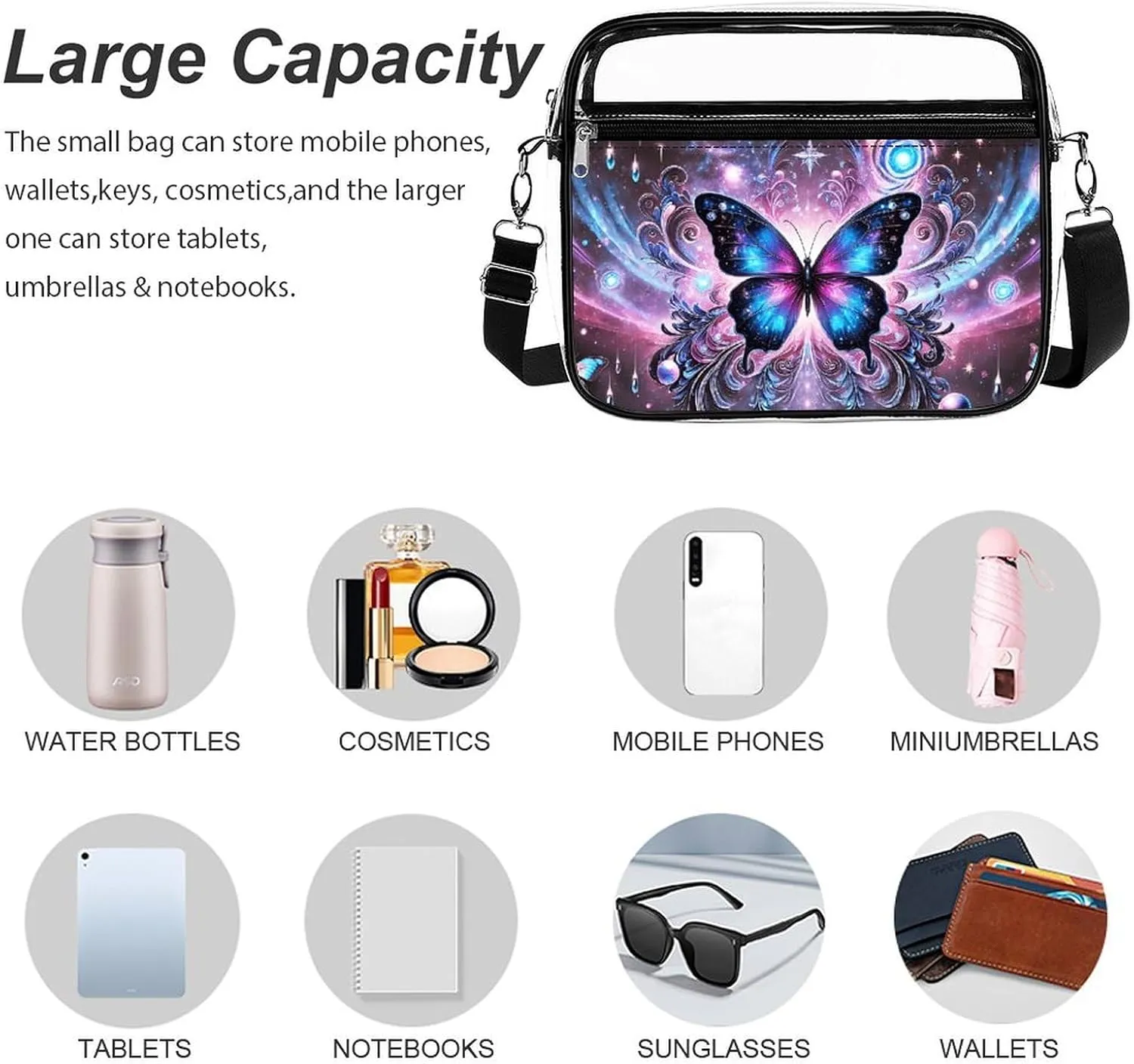 Stylish Butterfly Clear Crossbody Bag - PVC Butterflies Transparent Messenger Bag for Work, Travel and Daily Use