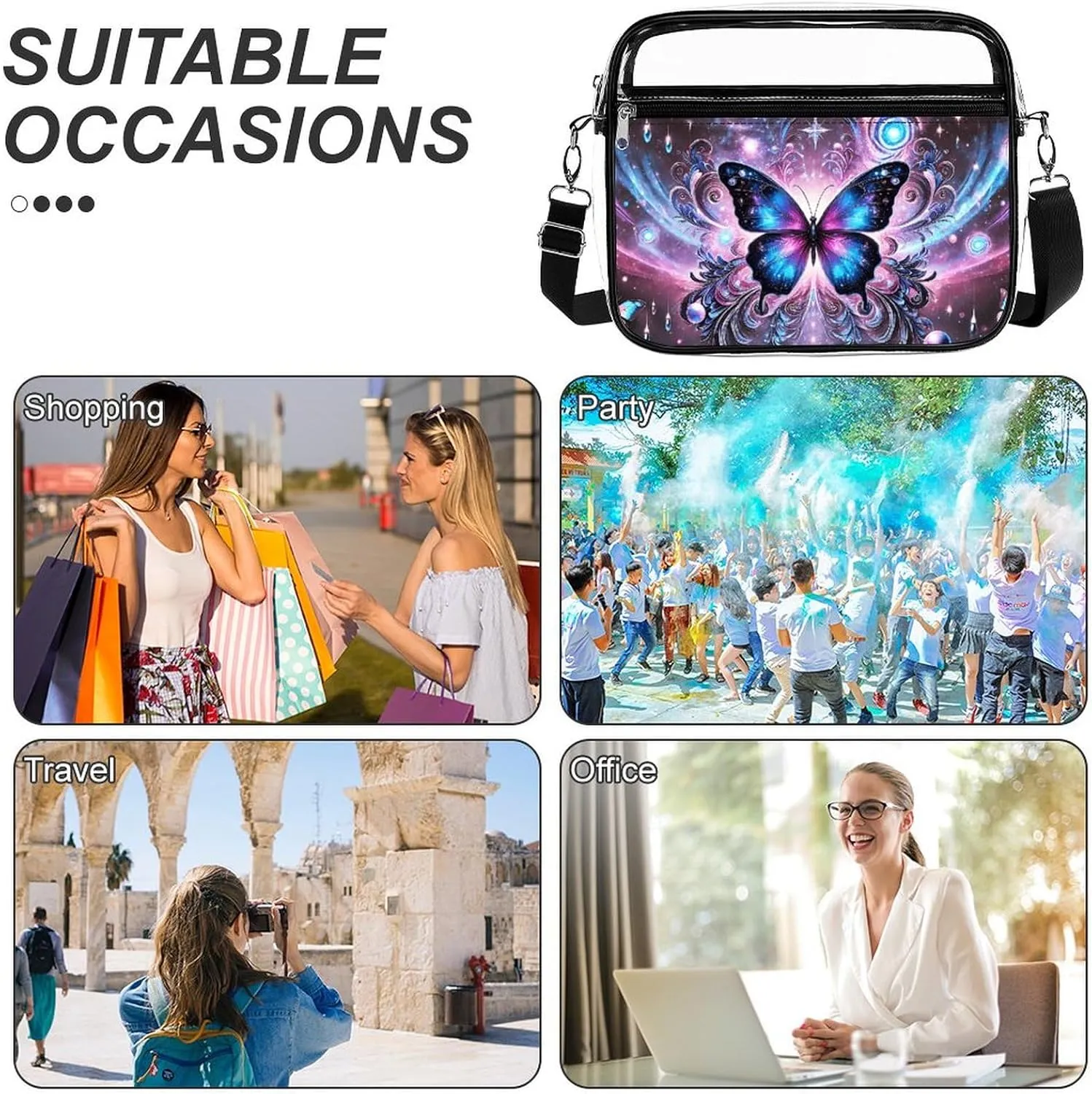 Stylish Butterfly Clear Crossbody Bag - PVC Butterflies Transparent Messenger Bag for Work, Travel and Daily Use